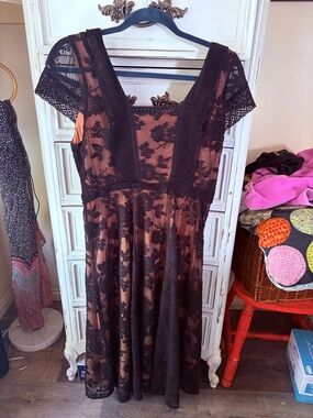 Moulinette Soeurs by Anthropologie Lace Overlay Midi Dress in Black and Copper